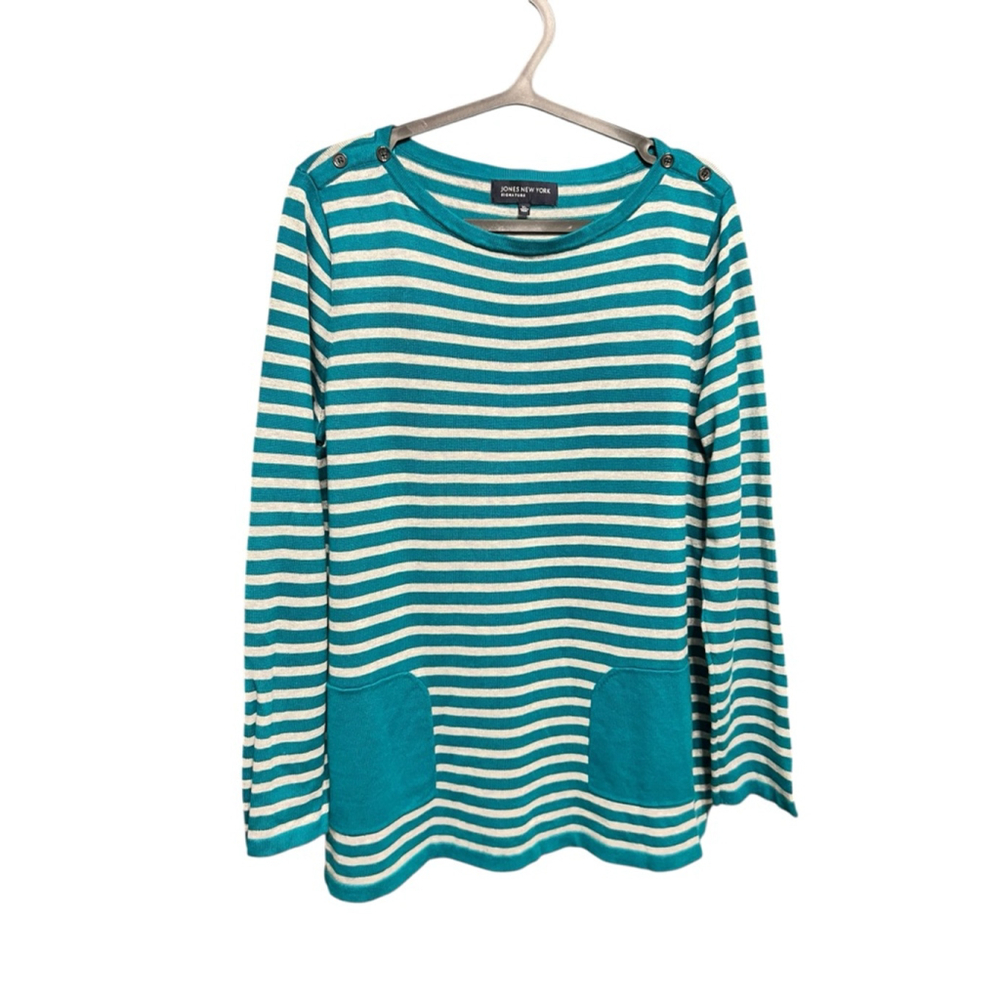 Jones New York Teal & White Striped Crew Neck Sweater XL